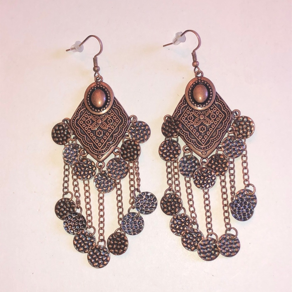 Bohemian Copper Tone Dangle Chandelier Boho Earrings